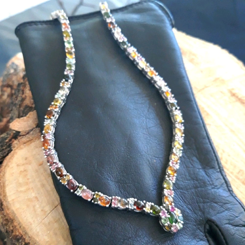 Natural Multi Color Tourmaline Silver Necklace!